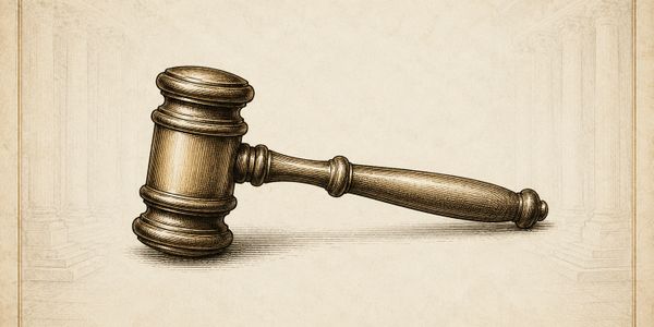 Detailed vintage sketch of a wooden judge's gavel on parchment.