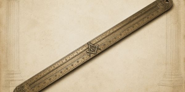 Antique brass ruler with Masonic symbol on aged paper background.