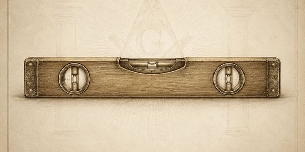 Vintage-style illustration of a wooden spirit level with Masonic symbols.