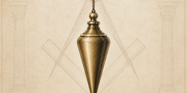 A brass plumb bob hanging in front of Masonic symbols on parchment.