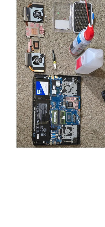 Disassembled laptop with motherboard, cooling fans, thermal paste, and cleaning supplies on carpet.