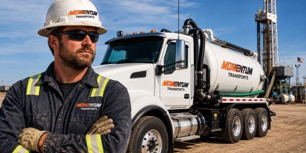 Worker in safety gear with Momentum Transports truck.