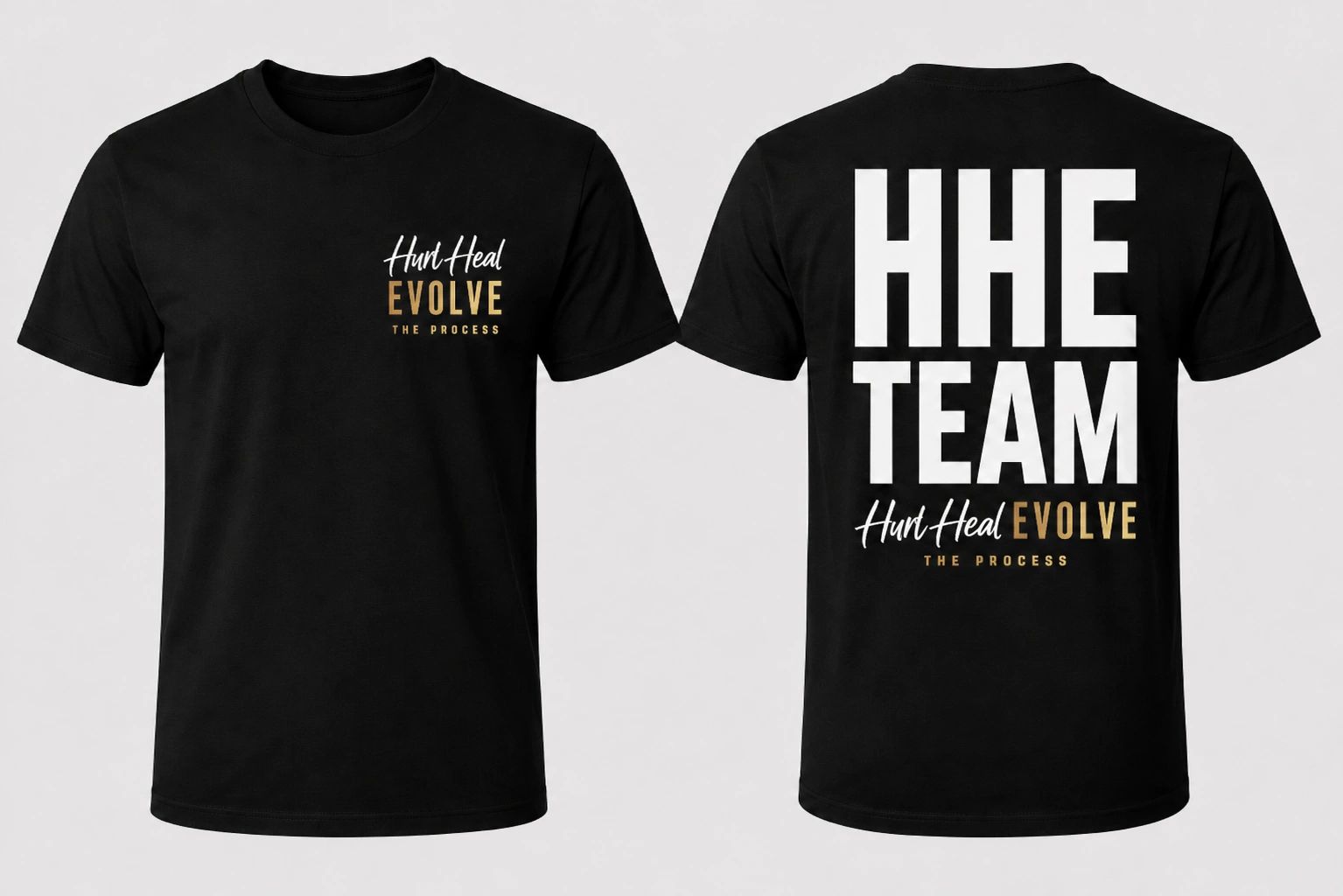 Black T-shirt with motivational text on front and back.