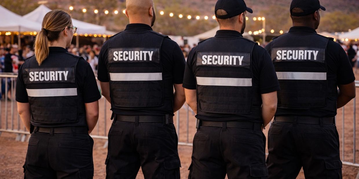 Four security guards standing in a row at an outdoor event in the Pilbara