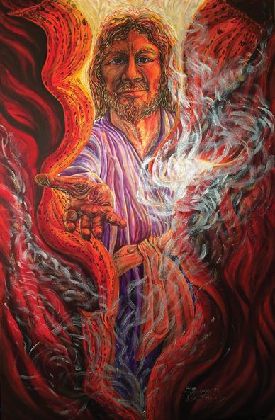 Jesus, temple veil, incense rising,