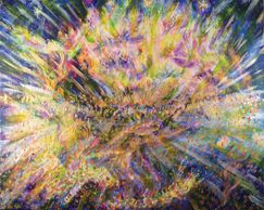 Gold and silver lights stream out of the very center of God's Heavenly Throne. Heavenly hosts appear