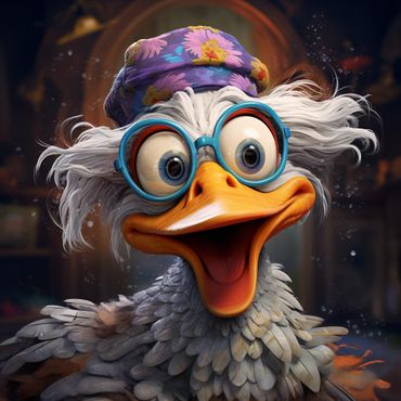 Silly Granny Duck with a hat and glasses. She loves making people laugh.