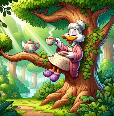 Granny Duck sitting in a tree sipping tea and eating cookies