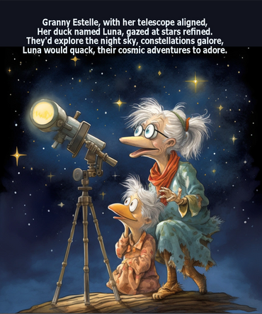 Granny Estelle with her granddaughter looking up into the night sky
