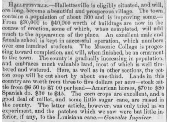 Newspaper article from 1854 heralding the qualities of Hallettsville.
