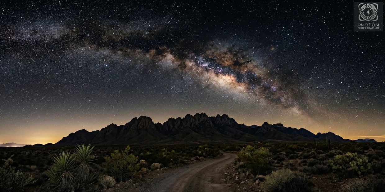 Milky Way galaxy arching over a desert mountain landscape at night.