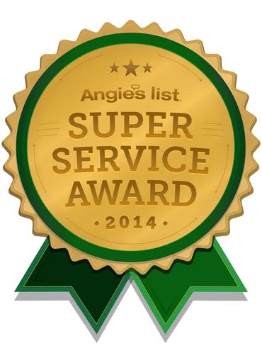 Gold Angie's List Super Service Award badge from 2014 with green ribbon.