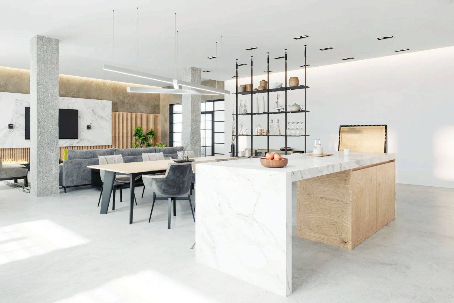 Modern open-concept kitchen and living space with marble and wood finishes.