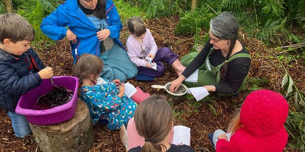 Forest school leader and group of children