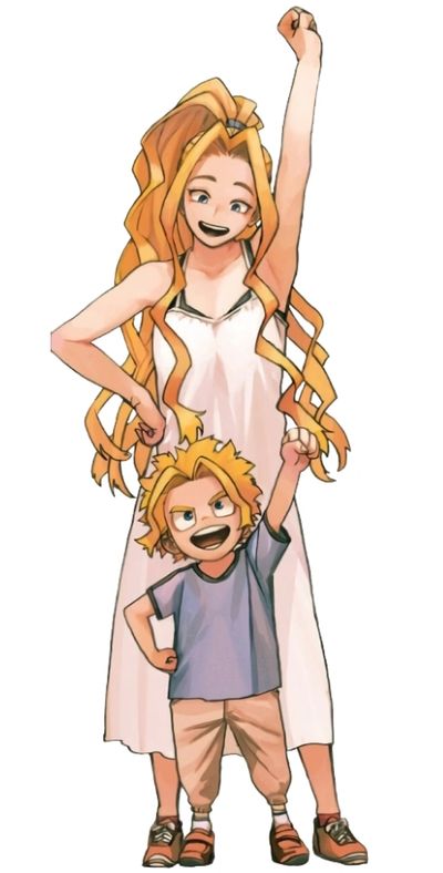 Joyful anime woman and child raising fists in celebration.