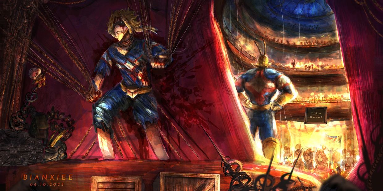 Dramatic puppet show with a bloodied marionette and a muscular figure on stage.