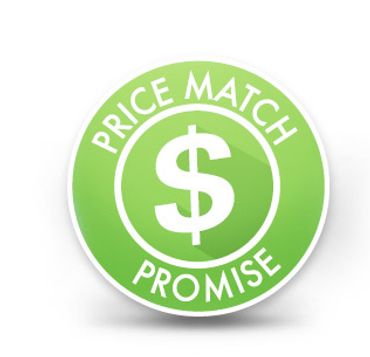 Green circular sticker-like image with dollar sign in center reads "Price Match Promise" in white