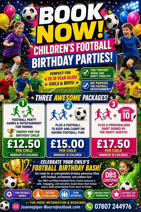 Children's football birthday parties with three package options for ages 4 to 10.