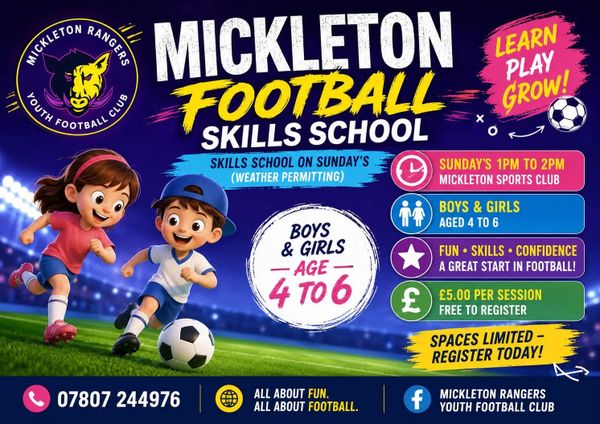 Mickleton Football Skills School for boys and girls aged 4 to 6.