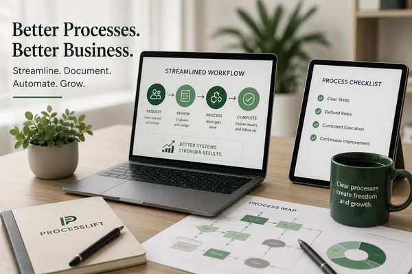 Workstation showing process improvement tools and workflow charts.