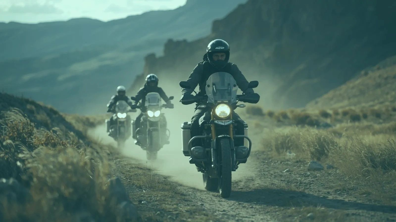 Three motorcyclists riding through a dusty mountain trail.