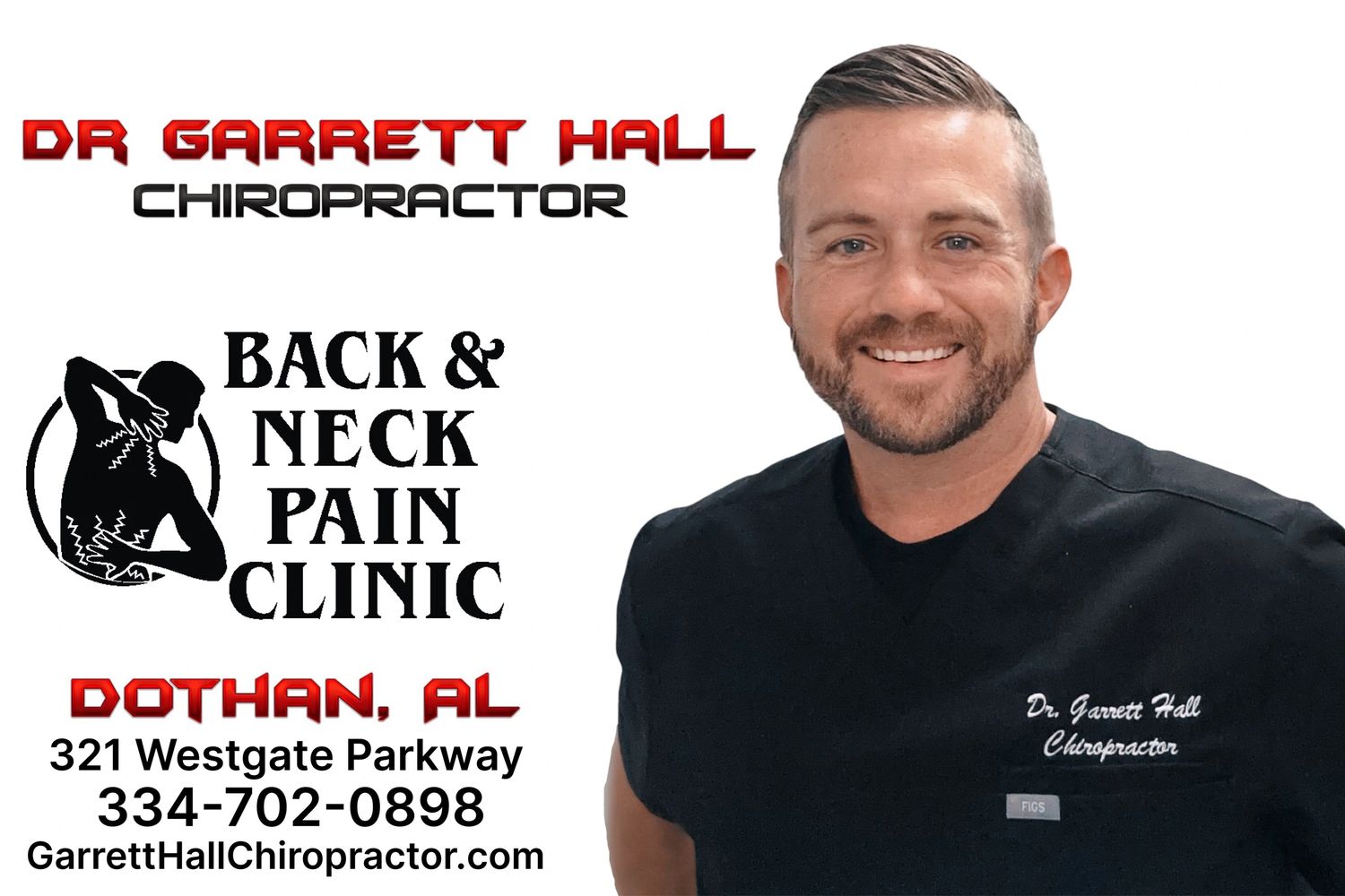 Dr. Garrett Hall, chiropractor at Back & Neck Pain Clinic in Dothan, AL, smiling in black scrubs.