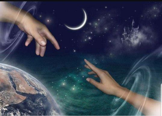 Hands reaching towards each other in space with crescent moon and earth in background.