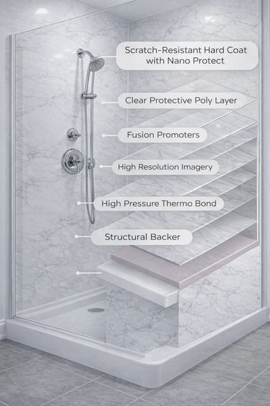 Diagram showing layered structure of a shower wall with protective coatings and backing.