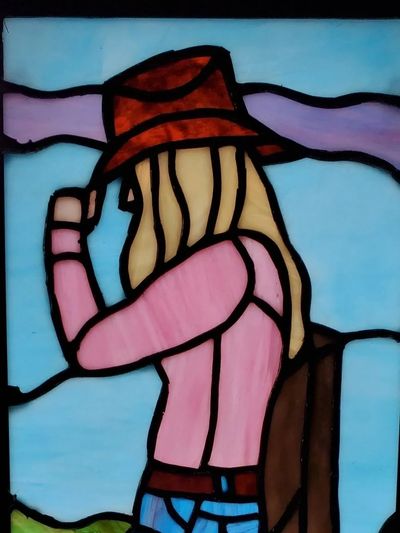 Color painting image of a girl holding her bag and her hat