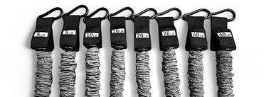 Eight resistance bands with labeled handles arranged in a row.