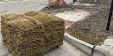 Pallet of stacked rolled sod ready for installation on a roadside.