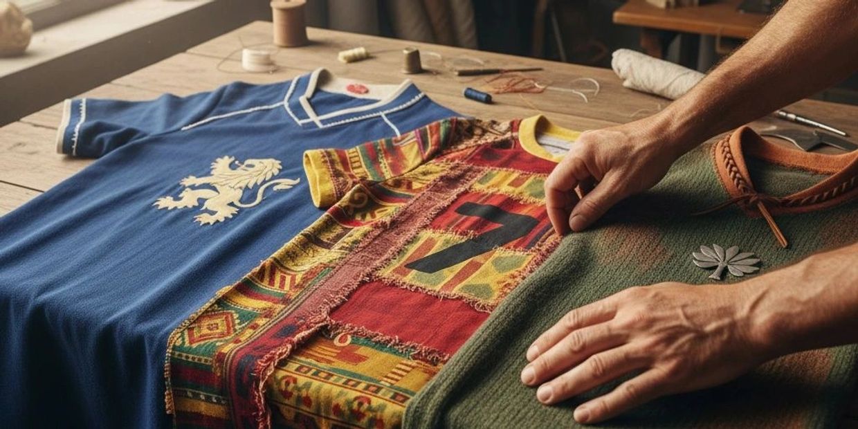 Three vintage-style shirts laid out on a wooden table with hands adjusting one.