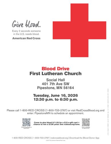 Blood drive event at First Lutheran Church in Pipestone, MN on June 16, 2026.