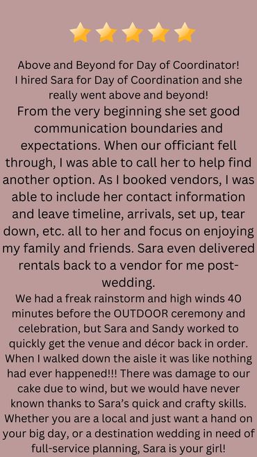 Five-star Google review from a bride who had a freak storm blow through before the ceremony.