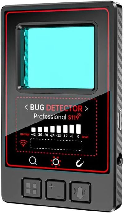 Compact professional bug detector device with screen and control buttons.
