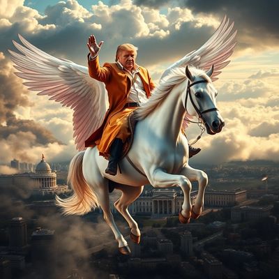 A man with wings rides a white horse above a city at sunset.