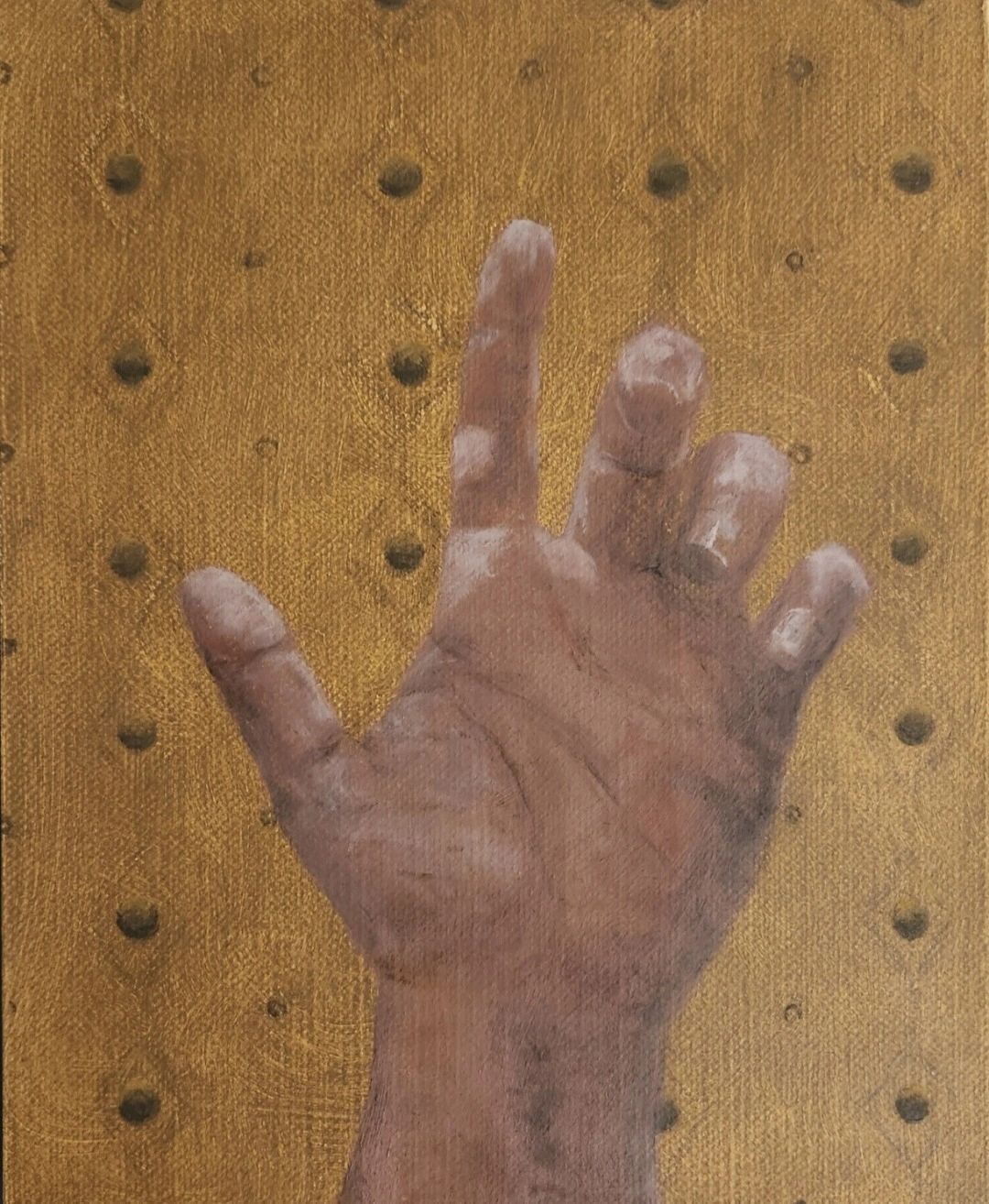 Detailed painting of a hand against a textured background.