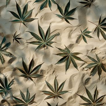 Hemp and Cannabis leaves scattered on the beach
