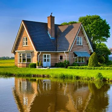 Small house by a lake.