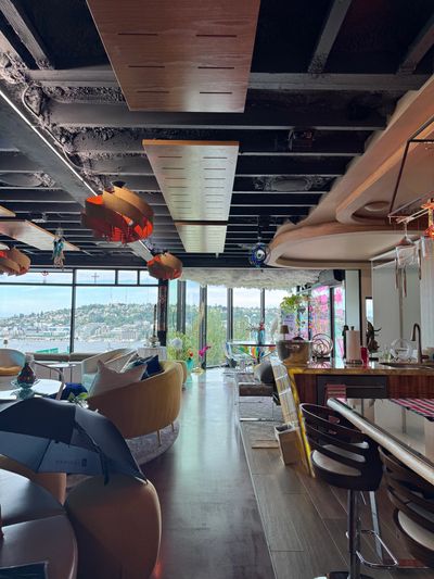 Image of a the inside of a house that has many decorations overlooking Lake Union Washington