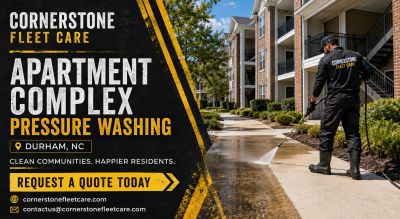 Advertisement for apartment complex pressure washing services in Durham, NC.