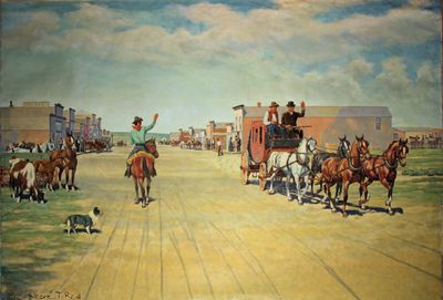 Intersection of 6th and Broadway, looking west. Painted by local artist, Albert Reid.