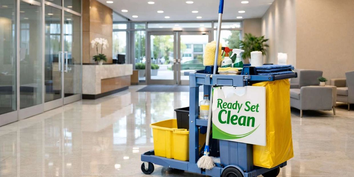 Ready Set Clean janitorial cart in a bright, spotless office building lobby, highlighting profession