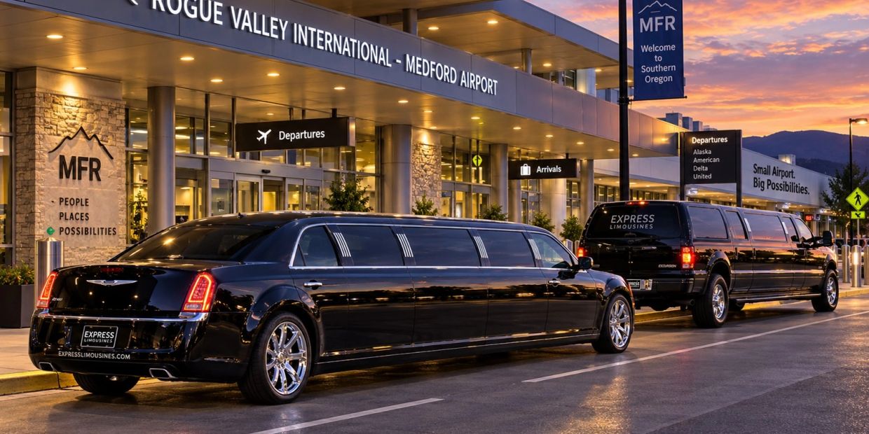 Two black limousines parked outside Medford Airport at sunset.