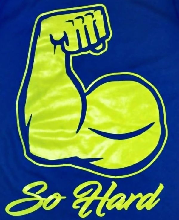 Bright yellow muscular arm graphic on blue with 'So Hard' text.