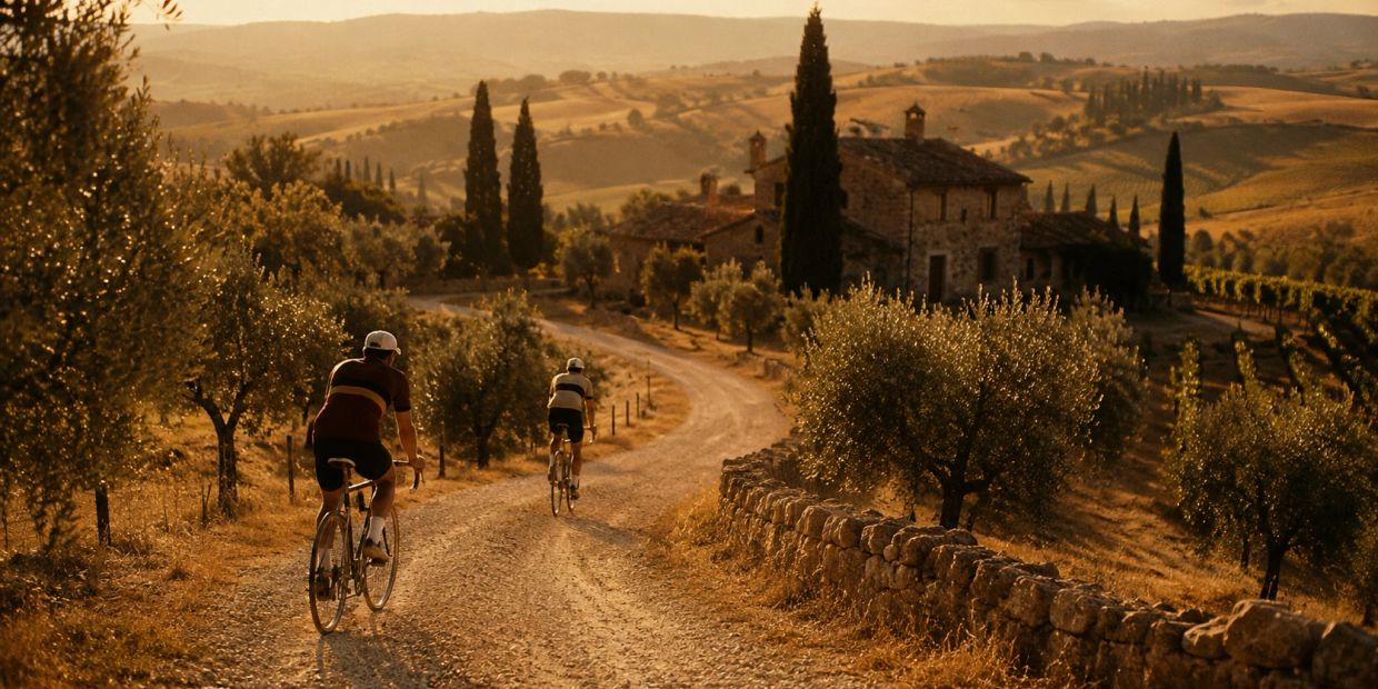 Two cyclists ride on a scenic country road at sunset.