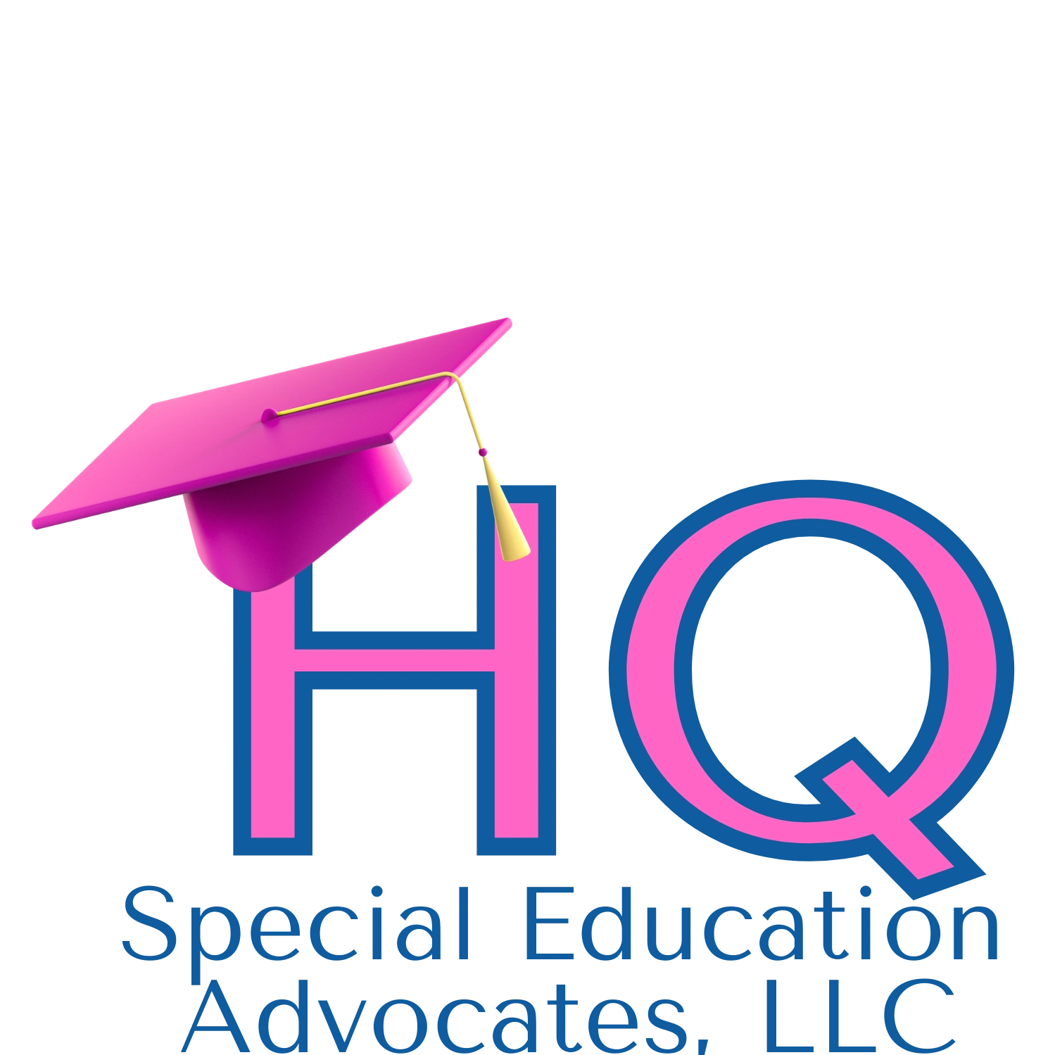 Company logo with bright pink graduation cap on top of letter H
