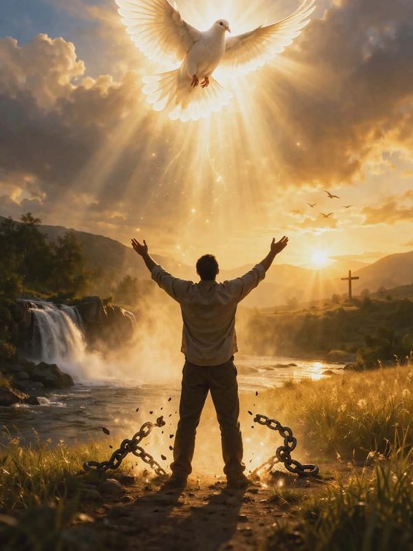 Man with broken chains reaching to a glowing dove and cross at sunrise.
