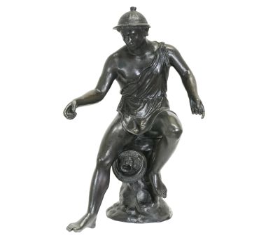 Full-length view of the Neapolitan Fisherman bronze showing the seated figure with one leg raised an