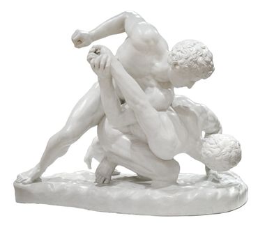 Marble sculpture of two wrestlers in intense combat.